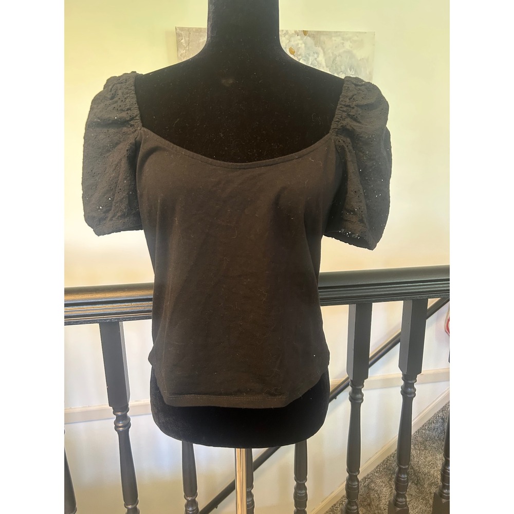 Vylette‎ Black Eyelet Lace Puff Sleeve Scoop Neck Top XXL Womens Cottagecore